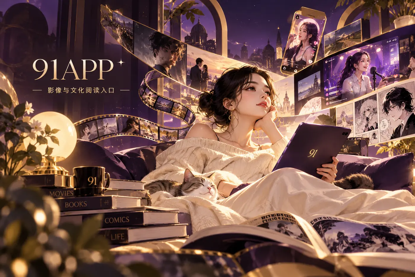深葡萄紫底色的杂志式编辑主题画面